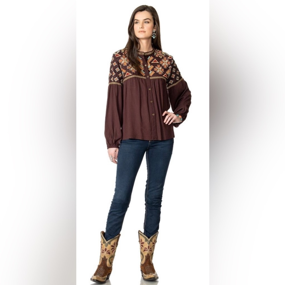 Double D Ranch Many Adventures Top in Bison Brown, Size 1X